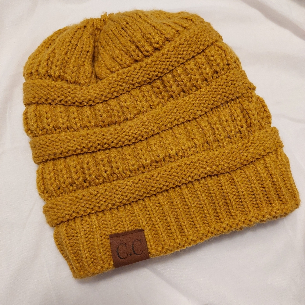 C.C. Exclusives Knit Pony Tail Beanie Stocking Cap Gold With Fall‎ Colors 9"x17"
